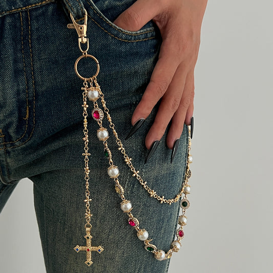 Beaded Gem Cross Wallet Chain