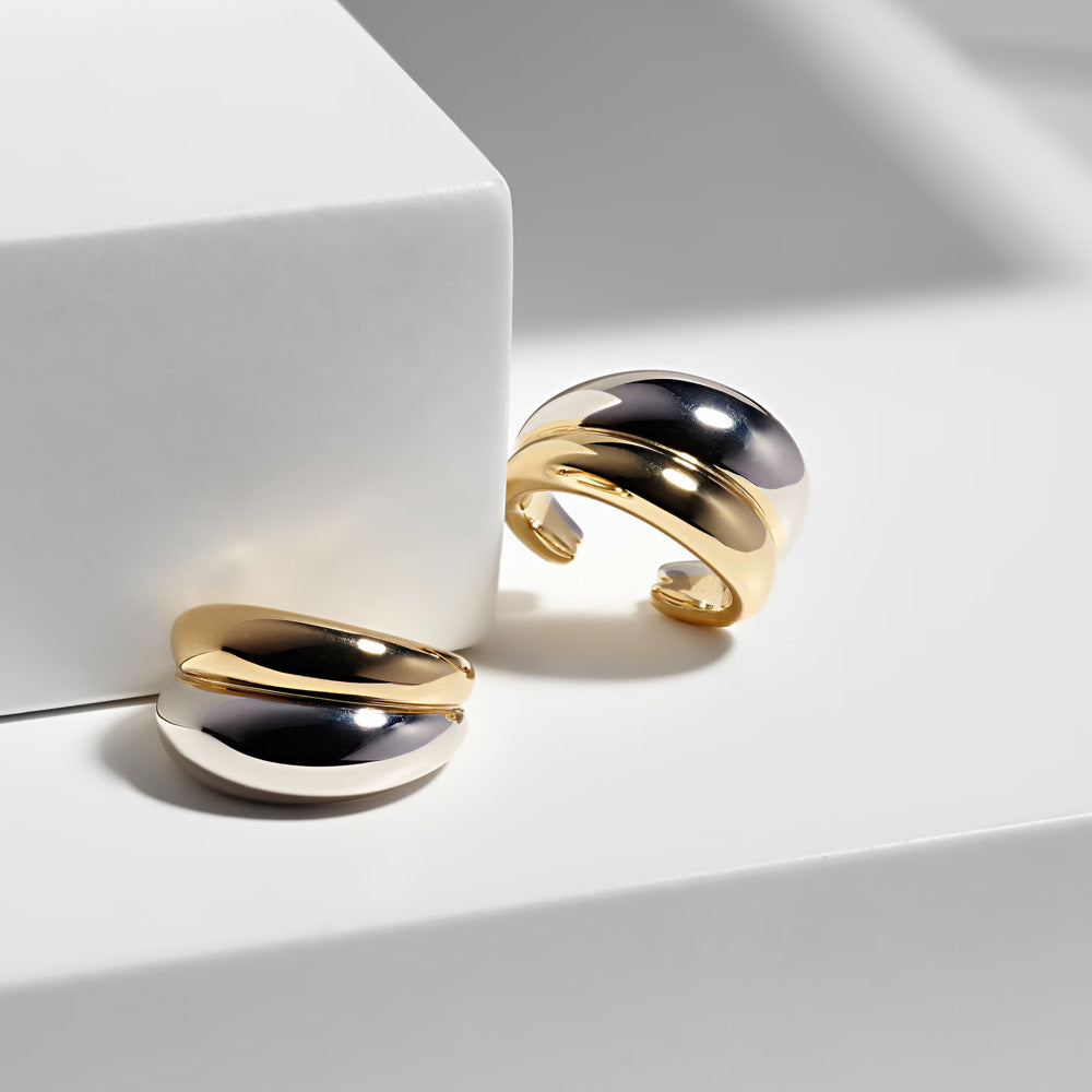 18K Gold And Silver Double C- Shaped Glossy Ear Cuff