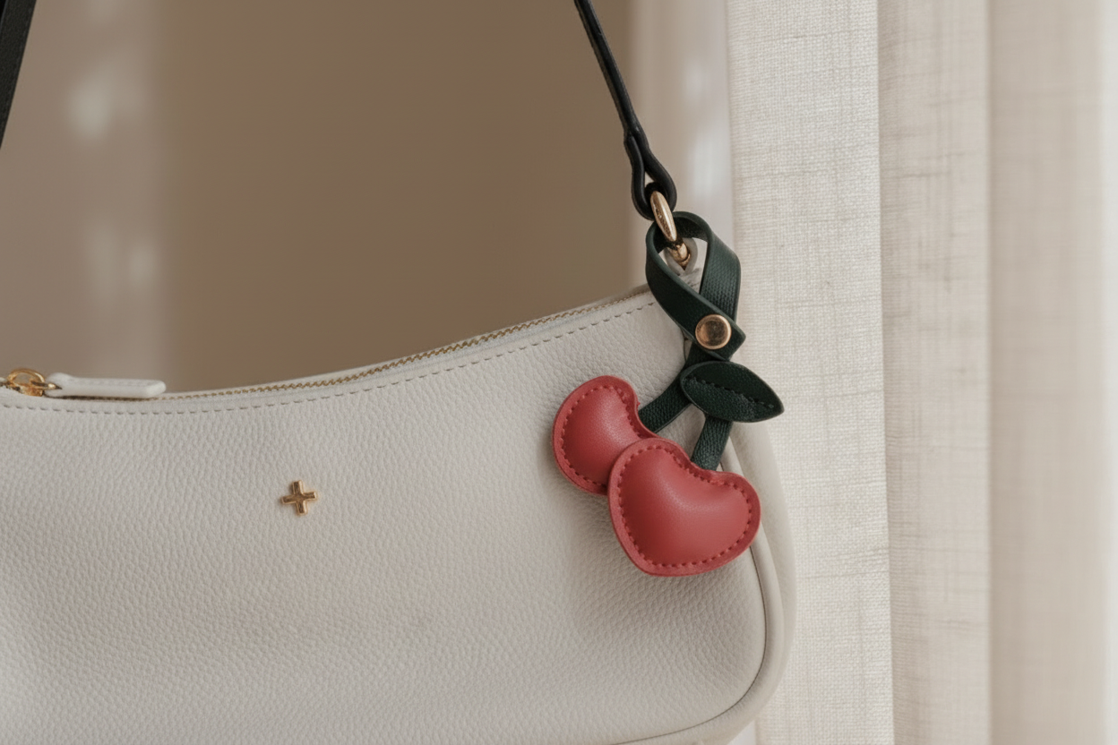White handbag with pink heart charm
